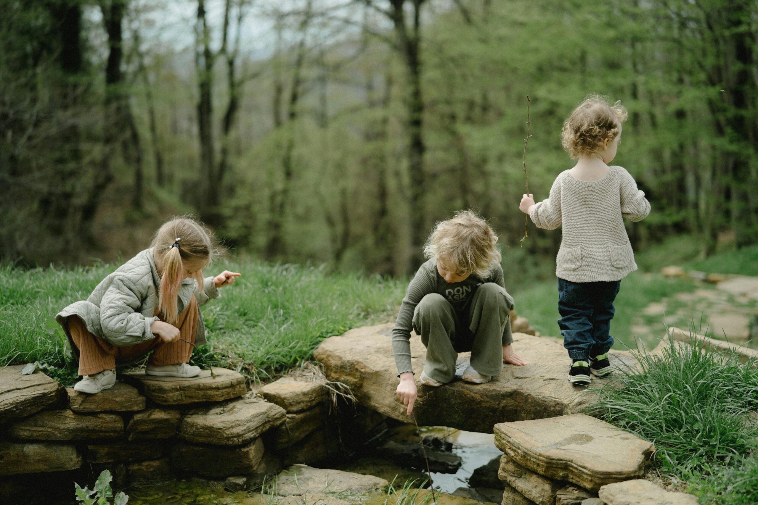 pexels-photo-7671083-7671083 Three children playing by a stone-lined stream in a lush green forest during springtime.